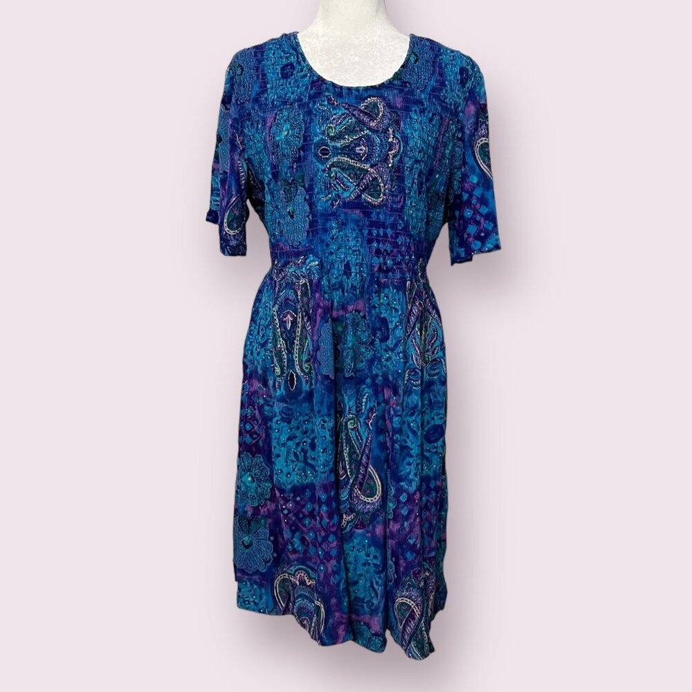 Vintage MORE JAZZ Women's Midi Dress Blue Smocked Short Sleeve Size 1X - Picture 1 of 10